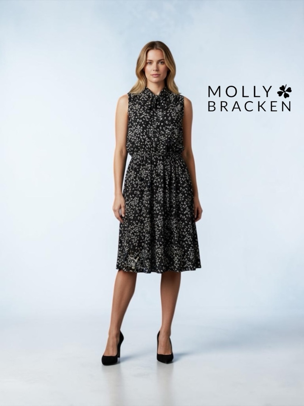 NEW, Molly Bracken, Floral Tie-Neck Midi Dress, 1X, Black White Sleeveless
